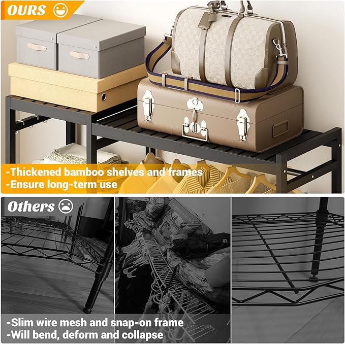 Homykic Bamboo Clothes Rack Garment Rack for Hanging Clothes, Heavy Duty Clothing Rack with 7 Tiers Adjustable Shelves, Double Rods, 4 Hooks, Freestanding Closet System Organizer Wardrobe, Black