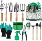 Bluemars Gardening Hand Tool Kit 14PCS Heavy Duty Stainless Steel Garden Tool Set with Floral Garden Tote -Outdoor Gardening Transplanting Gifts for Woman