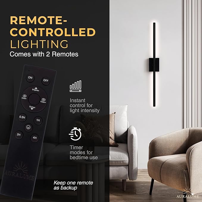 Auralume Wall Sconce Set of Two – Battery Operated LED Wall Lights with Remote, Dimmable, 4 Color Temps 3000K–6000K, 20,000mAh Rechargeable, Modern Indoor Wall Lamps