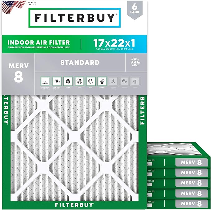 Filterbuy 17x22x1 Air Filter MERV 8 (MPR 700) Dust Defense Replacement (6-Pack), Electrostatic Pleated HVAC AC Furnace Filters, Made in USA (Actual Size: 16.50 x 21.50 x 0.75)