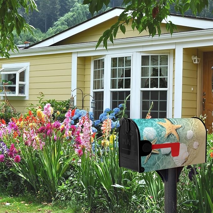 Summer Beach Mailbox Covers Magnetic Coastal Starfish Shells Mailbox Cover Standard Size 21 X 18 Inch Ocean Nautical Post Letter Box Wraps for Outdoor Garden Decoration