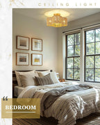 Rattan Light Fixtures Ceiling Mount, 4-Light 14" Boho Semi Flush Mount Ceiling Light with Hand-Woven Shade in Quatrefoil Shape for Kitchen Nursery Bedroom Hallway, Gold, AD-22007-4SF-RA-GD