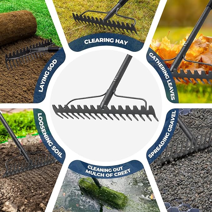 49“-77” Adjustable Rake, 17" Extra Wide Double-Sided Lightweight Head Garden Rake | Lightweight & Unbreakable | Level Soil, Remove Leaves, Spread Mulch Fast, Leaf Cleanup, Landscaping, Yard Cleanup