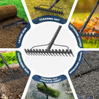 49" Rake - 17" Extra Wide Garden Tool with Double-Sided Head, Heavy Duty Lightweight Stainless Steel Construction for Mulching & Debris Removal, Leveling Lawn, Loosening Soil, Leaf Cleanup, Soil Prep