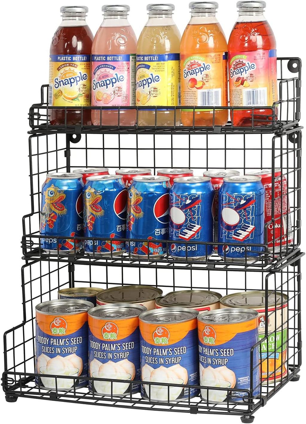 X-cosrack Stackable Wire Basket 3 Tier Countertop& Wall Mounted Metal Storage Basket for Kitchen Pantry Cabinet, Muti-functional Open Front Bin Organizer for Food Fruit Snack, Black