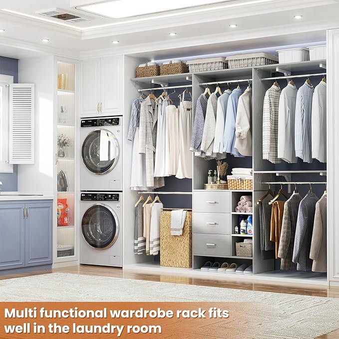 Aheaplus Closet System, Closet Organizer with 3 Wooden Drawers, 8FT Closet Organizer System, 96’’ Walk-in Closet Wardrobe Clothes Rack with Hanging Rods, Garment Rack, Fits 5.3-9 ft, -G6, Grey