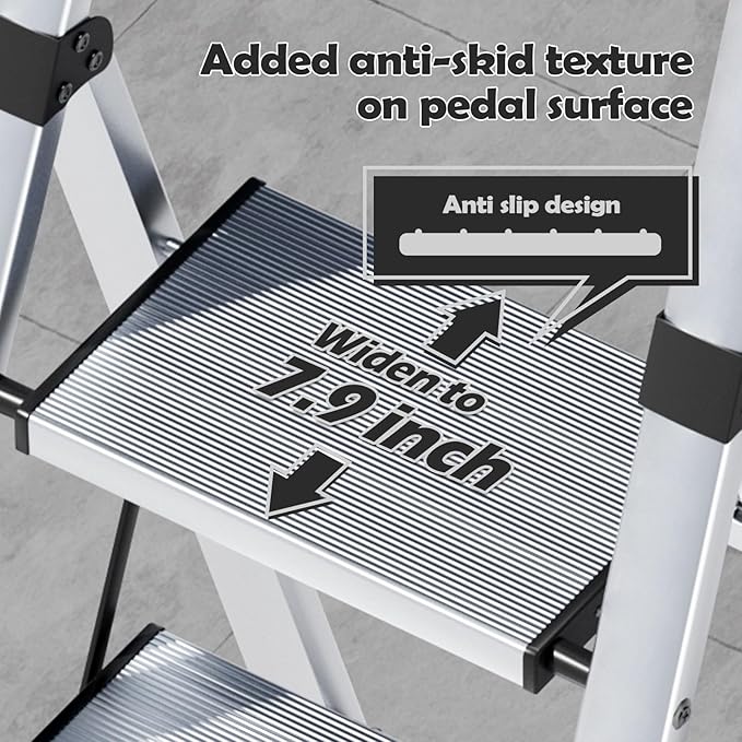 Taranta 3 Step Ladder, Portable Folding Ladder with Wide Pedal, Lightweight Aluminum Step Stool with Convenient Handgrip, 330 lbs Capacity Stepladder for Home, Office - Silver