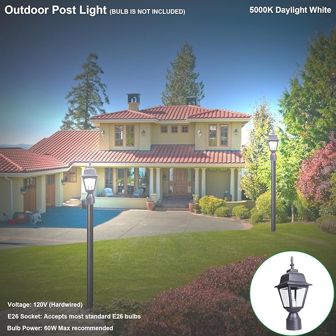 LIT-PaTH Outdoor Post Lighting Fixture Pole Lantern, E26 Medium Base Max 60W, Aluminum Housing Plus Clear Glass, Bulb Not Included, Matte Black Finish, 1-Pack