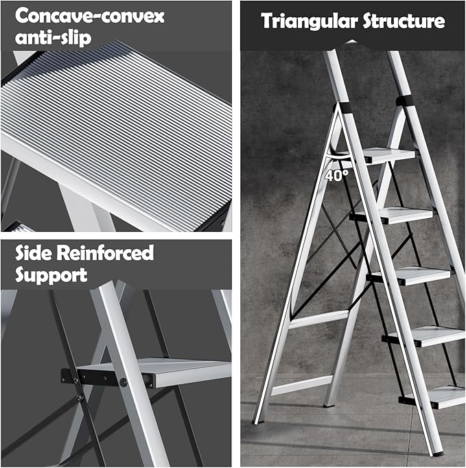 Taranta 5 Step Ladder, Portable Folding Ladder with Wide Pedal, Lightweight Aluminum Step Stool with Convenient Handgrip, 330 lbs Capacity Stepladder for Home, Office - Silver