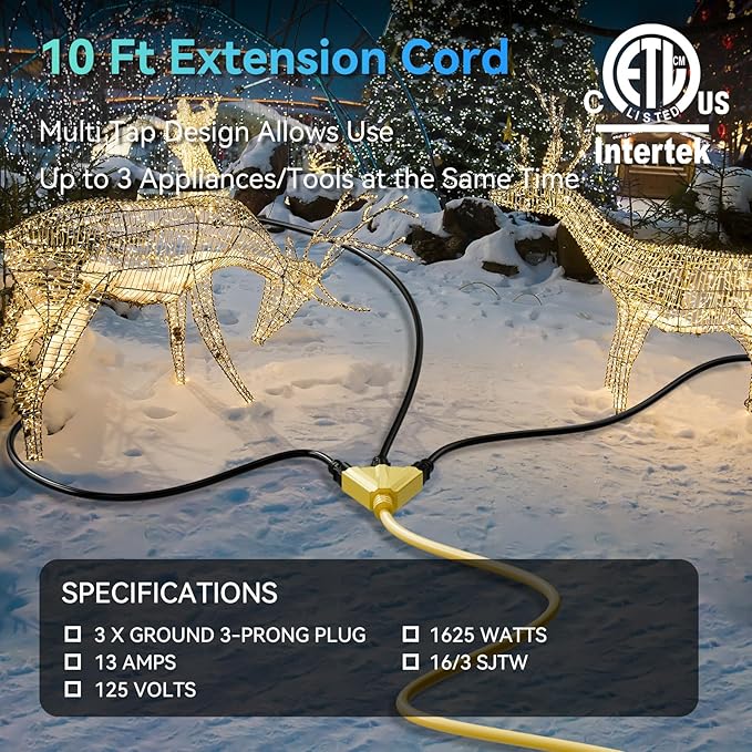 K KASONIC - 10 Ft Extension Cord with 3 Outlets, UL Listed 16/3 SJTW 3-Wire Grounded, 13A 125V 1625W for Indoor/Outdoor Use -Yellow