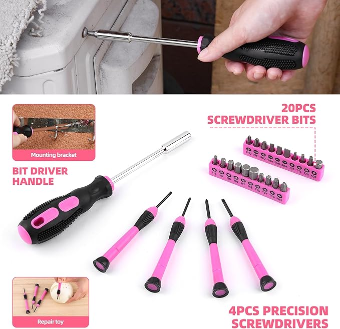 125 PCS Pink Household Tool Set, Pink Ladies Basic House DIY Toolkit Set for Home Garage Office College Dormitory Use, Hand Tool Kits for Women