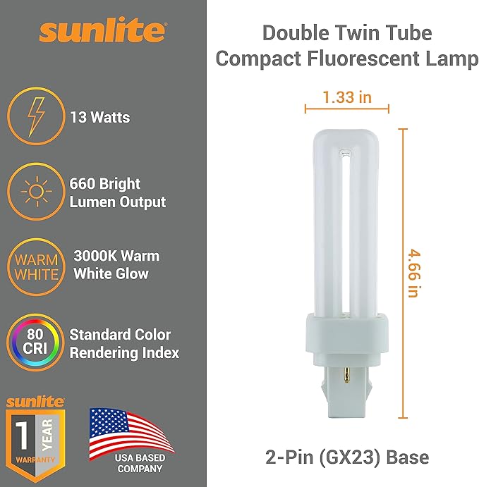 Sunlite 40539 PLD13/SP30K/10PK Double Twin Tube Compact Fluorescent Lamp, PLD 2-Pin, 13 Watts, 660 Lumens, 3000K Warm White, 2-Pin (GX23-2) Base, 10 Pack