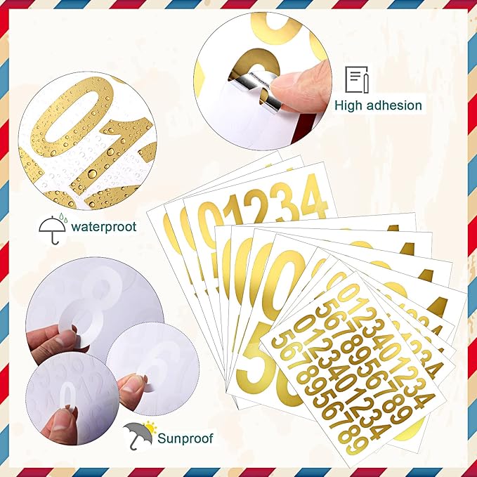 Leinuosen 260 Pcs Back to School Gifts Mailbox Numbers Stickers Adhesive Numbers for Outside Reflective Vinyl Waterproof Address Sticker for Mailbox Signs, Classroom, 1&2&3 Inch(Gold Word)