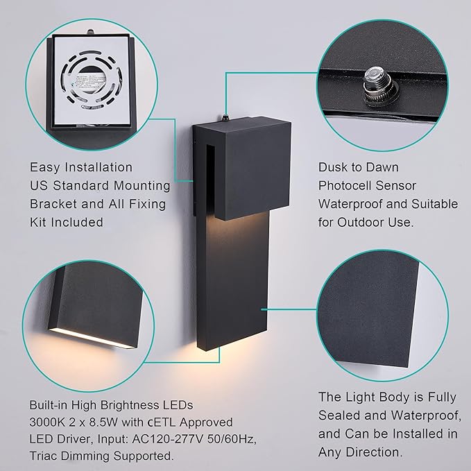 Dusk to Dawn Outdoor Wall Lights 2 Packs,Modern Minimalist Outdoor Fixture Wall Mount,Anti-Rust Sturdy & Sleek Outside Lights for House Porch Garage Patio,3000K 17W Integrated LED
