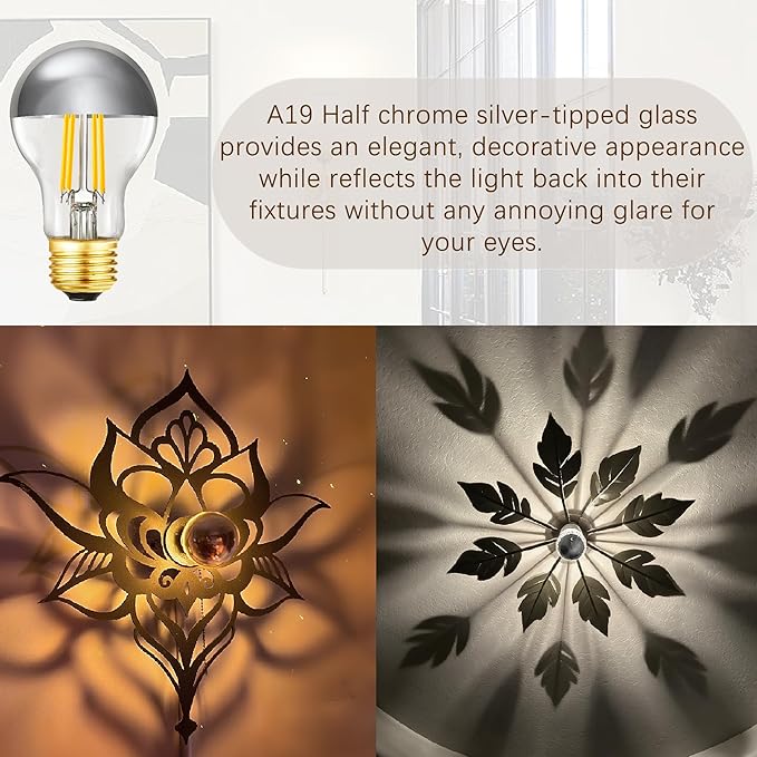 Dimmable Half Chrome Light Bulb, 6W Equivalent 60W,E26 A19 Silver Dipped Bulb, Anti Glare LED Light Bulbs, A60 3000K Soft White Light Bulbs, AC120V,Pack of 4