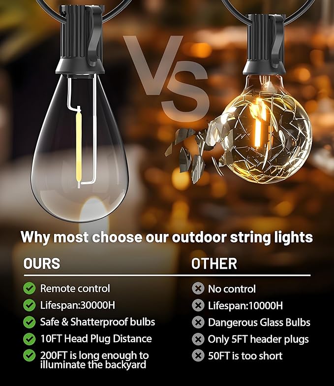 Tenmiro 200FT LED Outdoor String Lights with Remote, 74+2 Shatterproof Bulbs Dimmable Timing 3 Light Modes Outside Patio Lights for Backyard Porch Deck Garden Balcony Pool party Hanging Lighting Decor