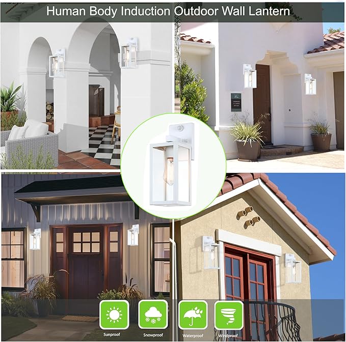 GRUENLICH Dusk to Dawn Large Outdoor Wall Lantern, PIR Motion Sensor Wall Sconce, E26 Base Max 60W, Metal Housing Plus Glass, White Finish, Bulb Not Included, 1-Pack