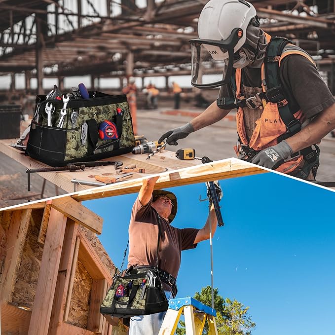 WORKPRO 16-Inch Wide Mouth Tool Bag, Tool Bags for Men with Adjustable Shoulder Strap, Waterproof Oxford Fabric and Sturdy Buttom