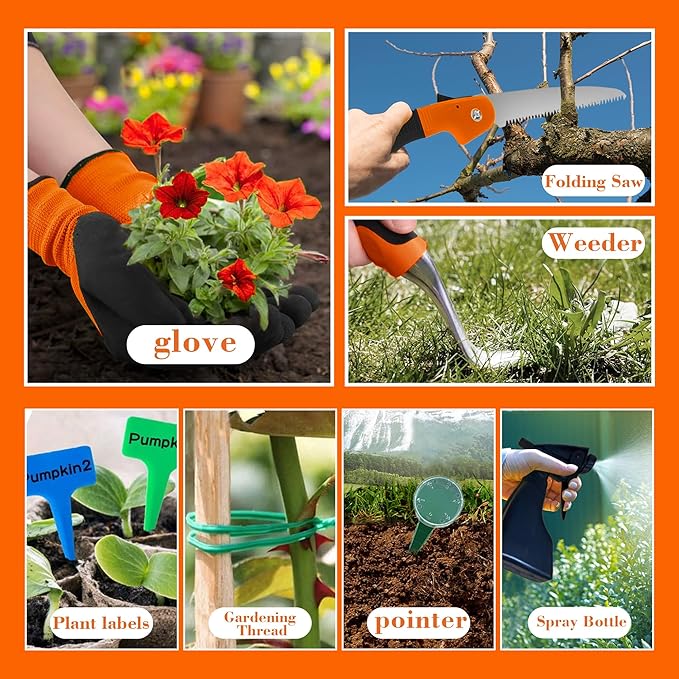 WNJ Garden Tool Set, 14PCS Complete Set of Heavy-Duty Stainless Steel Gardening Hand Tools with Stylish and Durable Tool Bag and Non-Slip Rubber Grips, Ideal Gardening Kit Gift for Women and Men