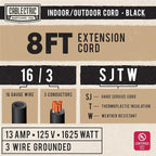 8 Foot Outdoor Extension Cord - 16/3 SJTW Black 16 Gauge Electrical Cable with 3 Prong Grounded Plug