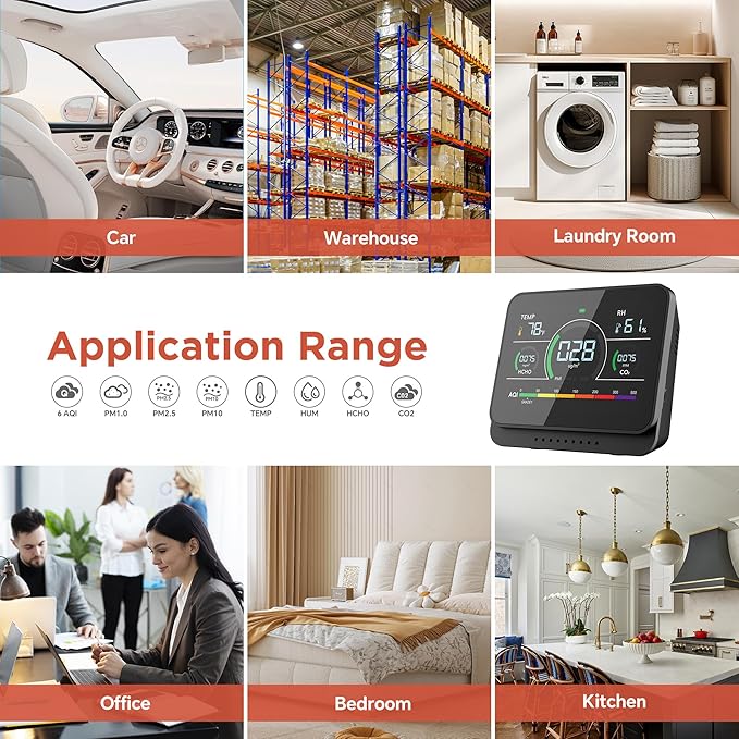 13-in-1 Air Quality Monitor Indoor with Beep Alarm, 6AQI Air Quality Detector with PM1.0 | PM2.5 | PM10 | Temp | CO2 | Formaldehyde | HUM Tester for Home Office Plant (Pearl White)