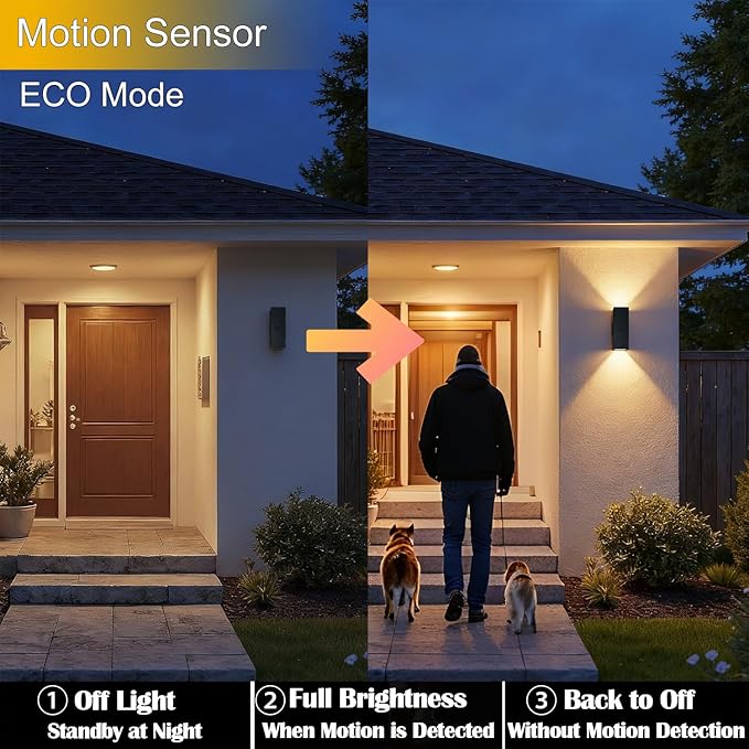 Motion Sensor Outdoor Wall Lights, Dusk to Dawn Porch & Patio Sconce with E26 Dimmable LED Bulbs, Black Aluminum Up & Down Exterior Light Fixtures for Garage, Front Door, ETL Listed