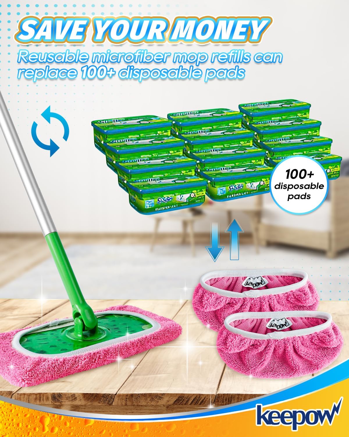 KEEPOW 4 Pack Reusable Mop Pads Compatible with Swiffer Sweeper, Microfiber Washable Pink Swiffer Mop Pads, Dry & Wet Sweeping Mopping Cloths (Pink)