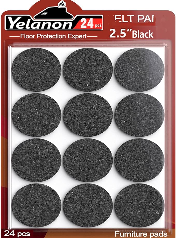 Yelanon Felt Furniture Pads for Hardwood Floors -24 Pcs 2.5" Premium Felt Pads for Chair Legs, Floor Protectors for Furniture, Black
