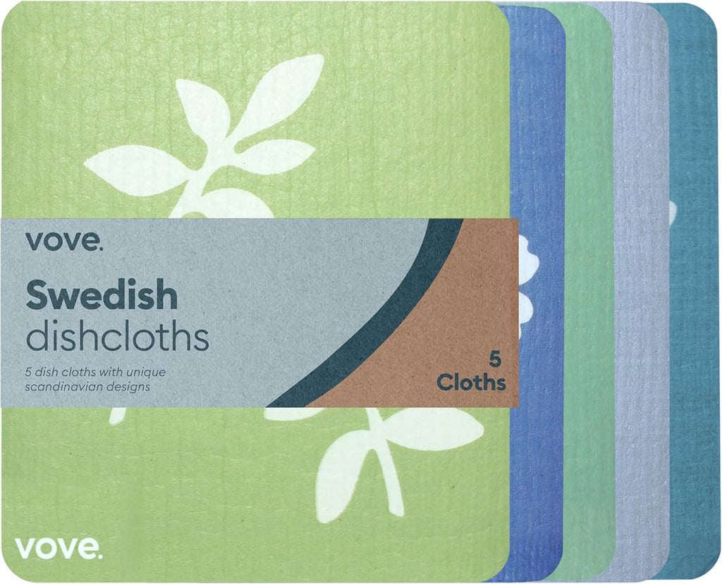 Vove Swedish Dishcloths 5-Pack, Botanical Garden - FSC Certified Cellulose & Cotton, Oeko-TEX Standard 100, Reusable Washable Kitchen Cleaning Cloths, Eco Friendly Floral Design