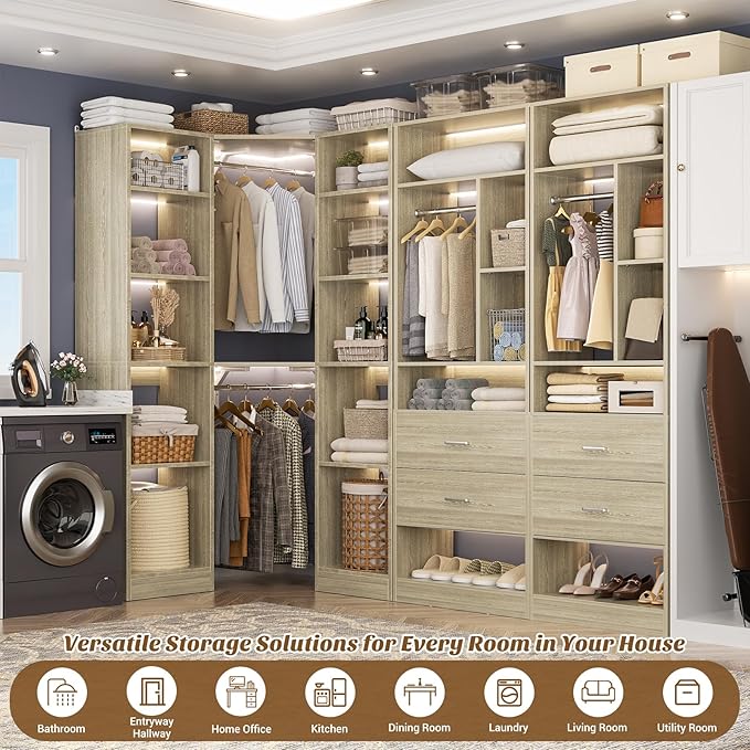 Large Corner Closet System with 3 Sets, 87.2" Closet Organizer System with 4 Drawers & 4 Hanging Rods, Reversible L Shaped Walk-in Closets, Load 2000+LBS, White Oak (87.2" L x 39.2" W x 80" H)