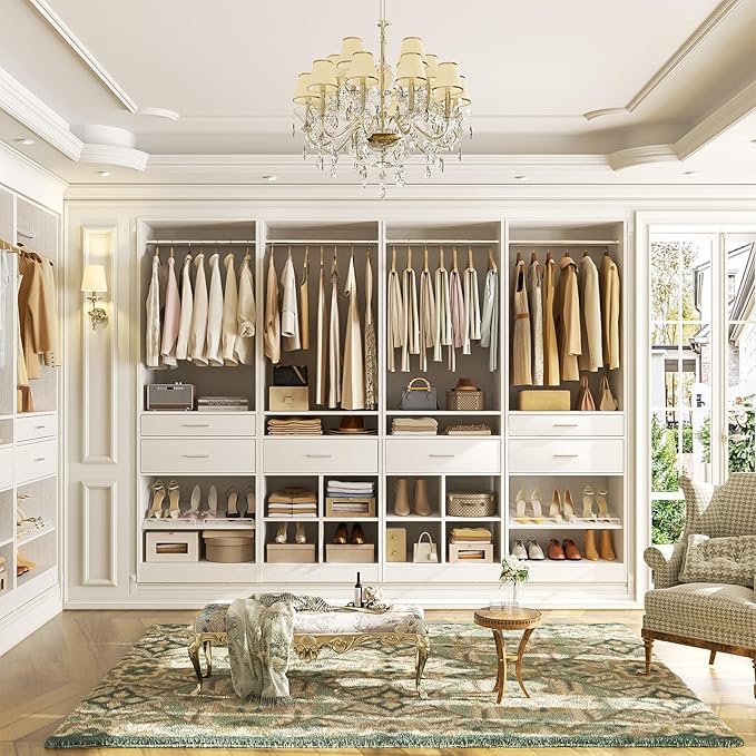 Unikito Closet System, 8.2FT Closet Organizer with 6 Wooden Drawers, Hanging Rods, Adjustable Shoe Rack and Cube Storage, Easy Assembly Wardrobe Tower, Set of 4, White