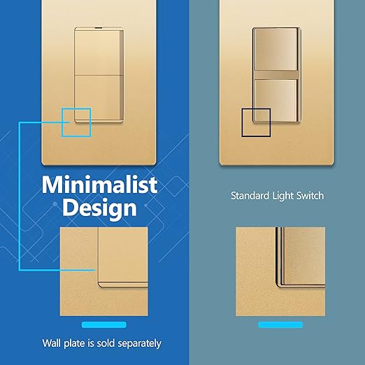 LIDER Matte Finish Lighted Double Switch with Screwless Wall Plate, Combination Frameless Decorator Switch with Locator Light, Ground Terminal Single Pole, 15A 120V, UL Listed, Gold, 2 Pack