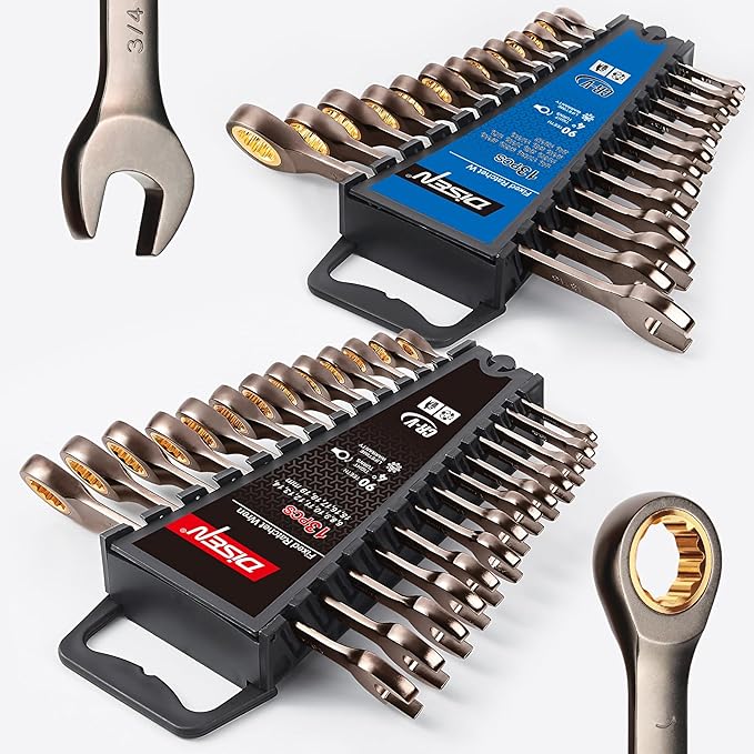 DISEN 26 Piece Ratcheting Wrenches Set 90 Teeth, Combination Wrenches Set Metric 6MM-19MM and SAE 1/4 Inch-13/16 Inch, Cr-V Steel, Ratchet Set Nickel Plating with Organizer Visit the Store