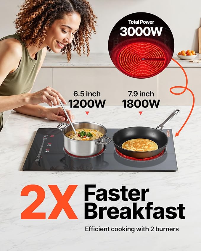 VEVOR Built in Electric Stove Top, 12 inch 2 Burners, 240V Glass Radiant Cooktop with Sensor Touch Control, Timer & Child Lock Included, 9 Power Levels for Simmer Steam Slow Cook Fry
