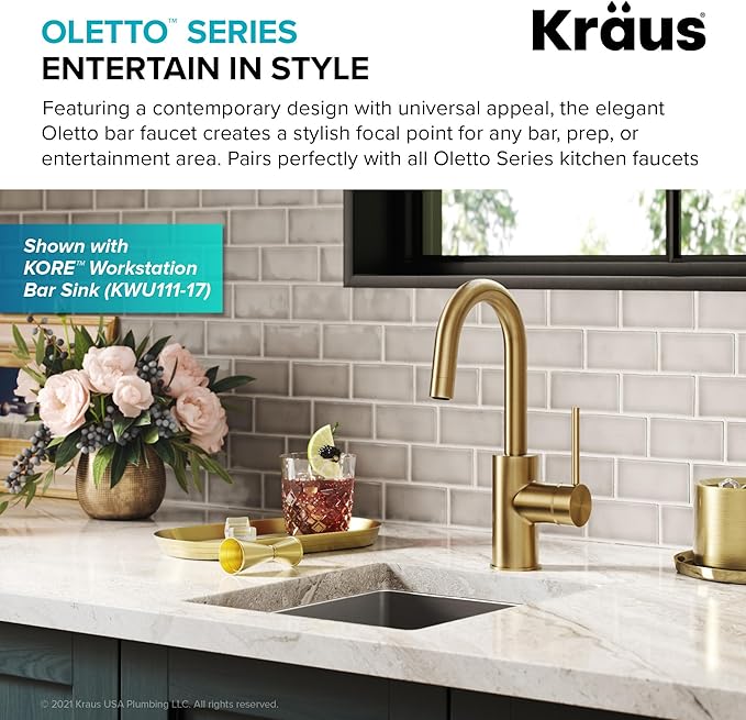 KRAUS Oletto Single Handle Kitchen Bar Faucet with QuickDock Top Mount Installation Assembly in Spot Free Antique Champagne Bronze, KPF-2600SFACB