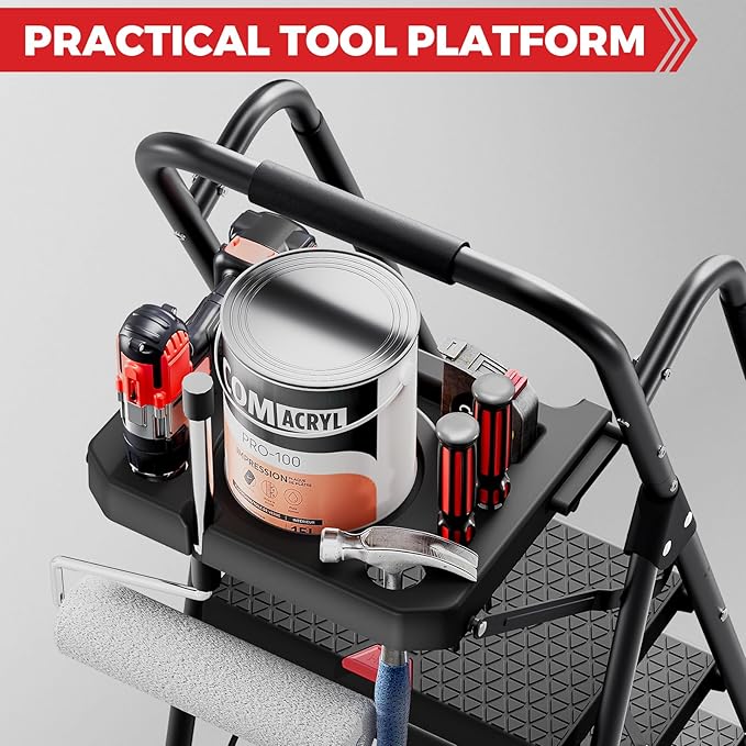 KINGRACK 5 Step Ladder, Folding Step Stool for Adult with Tool Platform, Handrails, Wide Anti-Slip Pedals, Pass 800lbs Load Testing， Portable Safety Step Stool for Home, Kitchen, Black