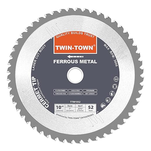 TWIN-TOWN 10-Inch 52 Teeth Dry Cut Steel and Ferrous Metal Cermet Saw Blade with 1-Inch Arbor