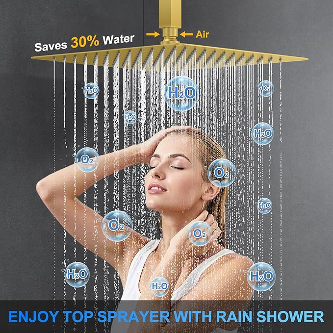 Shower Faucet Set, 12" Ceiling Mount Rainfall Shower System with 2 Rain Shower Head and Multi-function Handheld Head Push Button Diverter Shower Faucet Trim Kit (12", Brushed Gold)