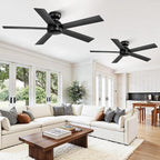 2 Pack 48 Inch Low Profile Ceiling Fan no Light, Black Ceiling Fan without lights, 6-Speeds, Quiet Reversible DC Motor, Indoor/Outdoor Ceiling Fans without Lights for Patio, Living Room, Bedroom