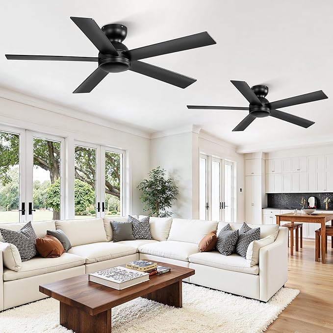 2 Pack 48 Inch Low Profile Ceiling Fan no Light, Black Ceiling Fan without lights, 6-Speeds, Quiet Reversible DC Motor, Indoor/Outdoor Ceiling Fans without Lights for Patio, Living Room, Bedroom