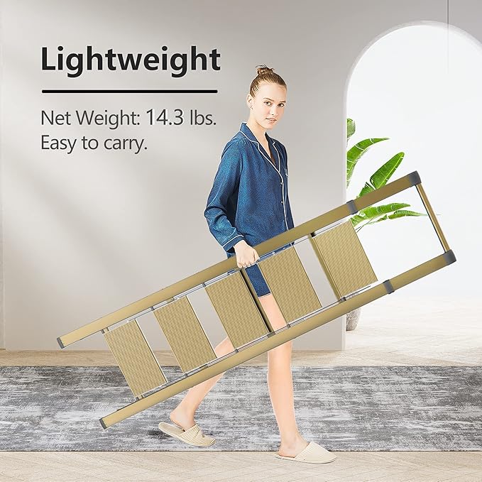 GameGem 5 Step Ladder for 10 Feet High Ceiling, Lightweight Aluminum Folding Step Stool with Convenient Handgrip, Stepladders with Anti-Slip and Wide Pedal for Home Use Space Saving - Gold