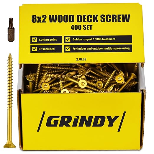 #8 x 2'' Wood Screws by Grindy (400pack/2.8LBS) – Self-Drilling Deck Screws I Rust Resistant I Quick Drive & Fast Grip I for Cabinet, Furniture & Other Projects I Bit Included