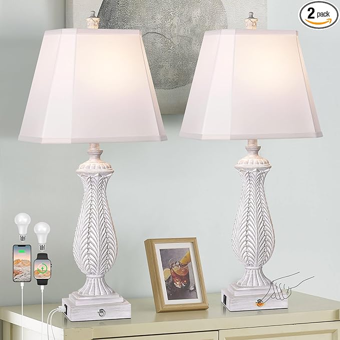 3-Way Dimmable Table Lamps for Bedrooms Set of 2, 30" H Touch Lamps for Living Room with with USB & Type-C Ports, White Mermaid Bedside Lamp for Nightstand, Resin Farmhouse Rustic Lamp with 2 Bulb