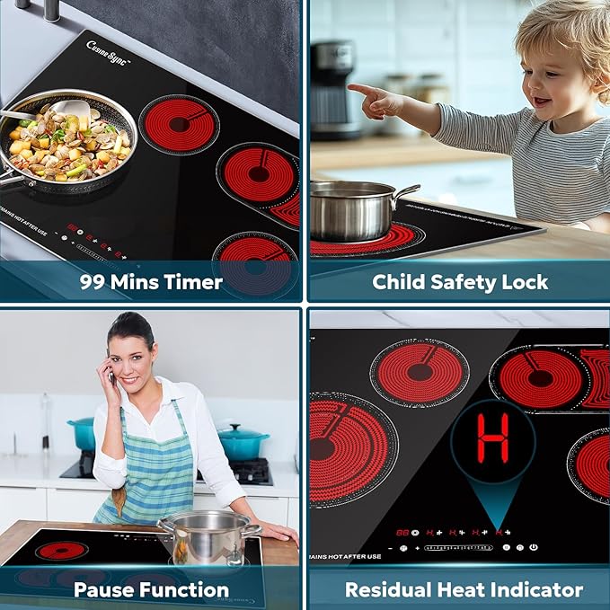 30 Inch Electric Cooktop 4 Burner 7400W Ceramic Stove, Built-in Electric Stove Top with Full Metal Frame Protection, Timer, Safety Lock, Pause, Dual Ring, 220V Hard Wired