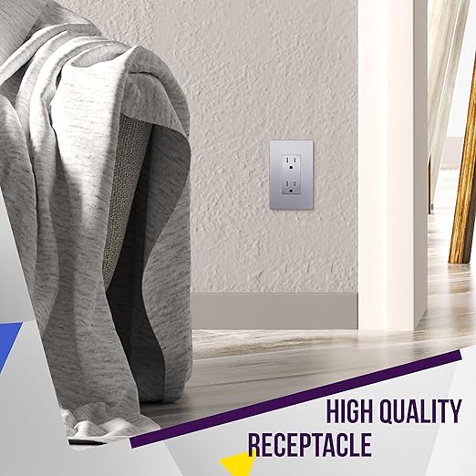 ENERLITES, Silver Elite Series Decorator Receptacle Outlet Child Safe Tamper-Resistant, Self-Grounding, 2-Pole, Residential Grade, 15A 125V, UL Listed, 61501-TR-SV