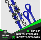 Rhino USA Ratchet Straps Heavy Duty Kit (2-Pack) - 1.6 Inch x 8 Feet (5,208lb Break Strength) - Ultimate Tie Down Straps with Safety S Hooks for Trucks, ATV, UTV, Motorcycle, Cargo & More - Blue