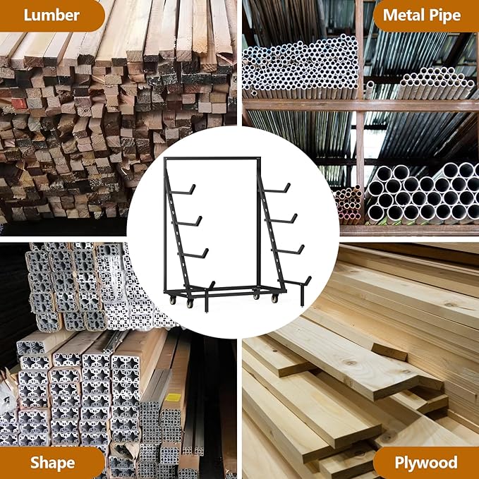 4 Tier Pipe And Lumber Storage Rack - Heavy Duty Pipe Rack With 4IN Swivel Casters And Adjustable Support Bar Weight Capacity Up To 1200LBS, Plywood Storage Shelf For Garage, Workshop And Warehouse