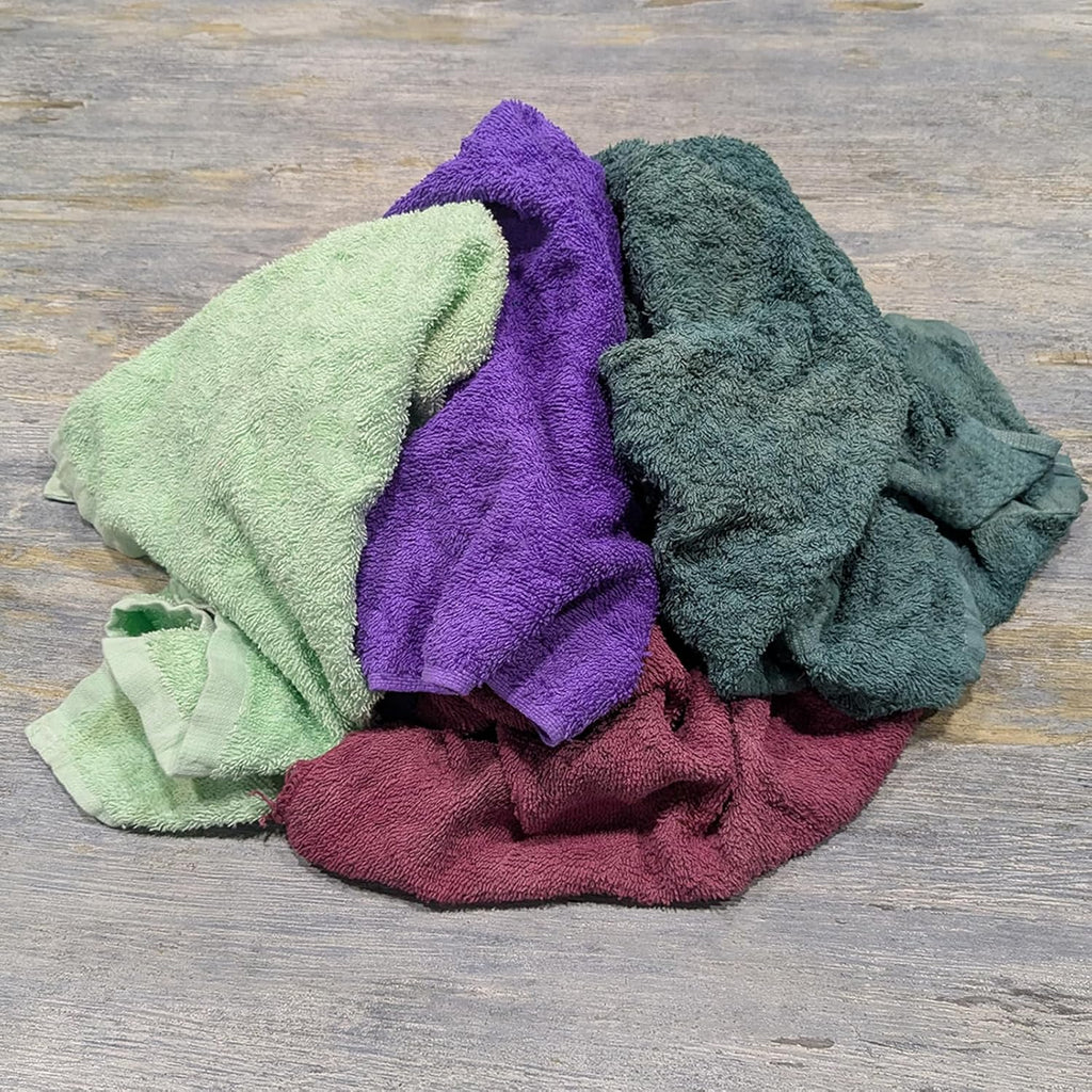 Recycled Color Terry Cloth Rags (600 lbs. Pallet - 120x5 lbs. Box) - Super Absorbent Cotton Towel Cleaning Rags for Garage, Shop Rags, Industrial Use & Housekeeping - Shop Rags Bulk