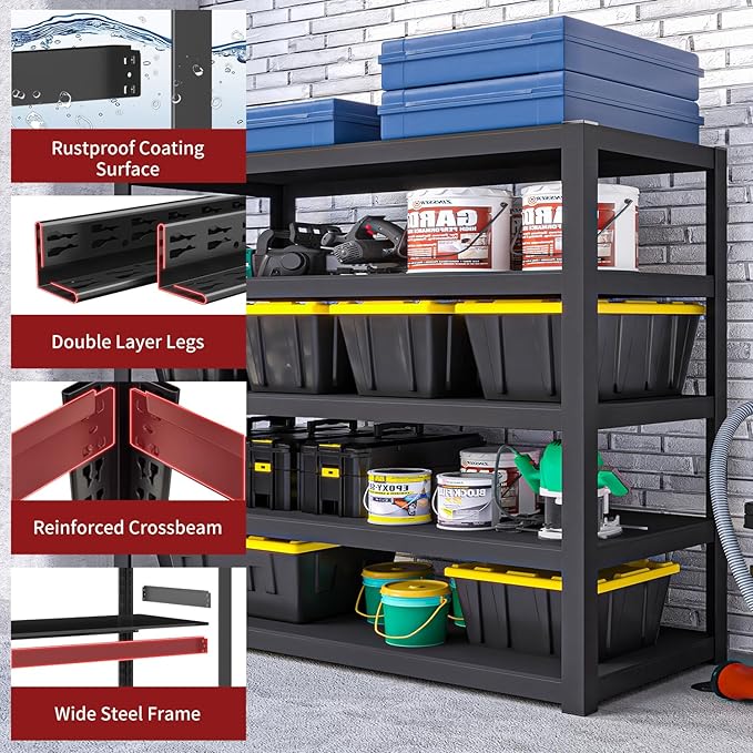 Shelving Units and Storage, 3000LBS Garage Storage Shelves, 5 Tier Shelving Unit, Steel Industrial Shelving, Adjustable Standing Shelf for Garage, Pantry, Closet 72" H x 36" W x 16" D, Black