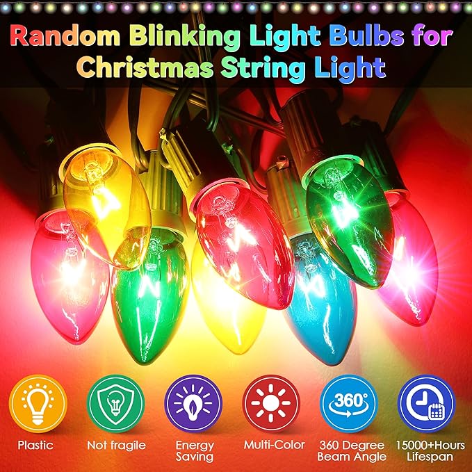 25 Pack Twinkle Christmas Replacement Bulbs, 7W Random Blinking Light Bulbs for Christmas String Light, Nightlights(Colorful,C9,E17 Intermediate Base)